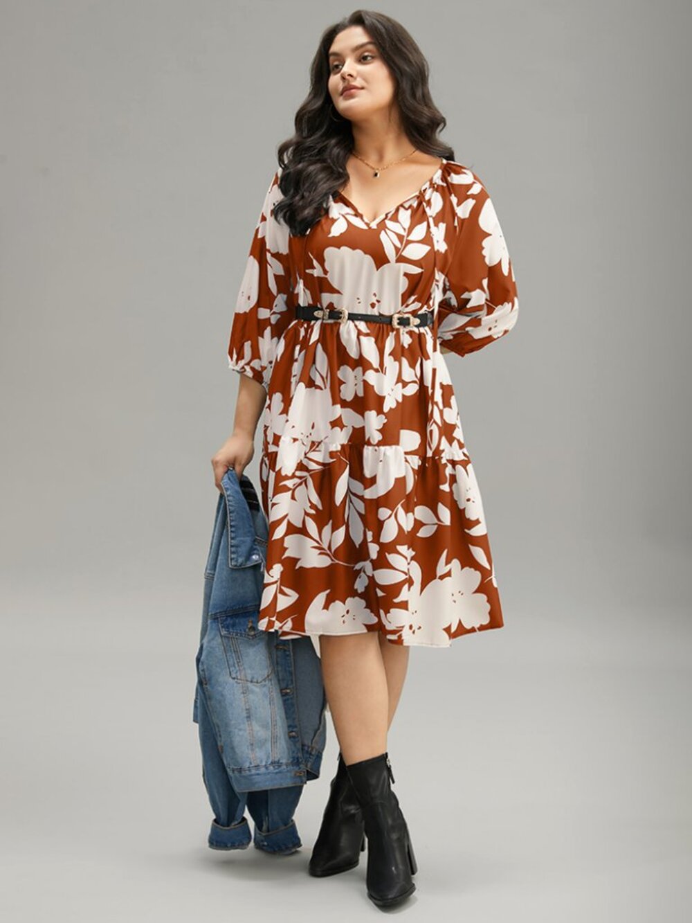 Silhouette Floral Print Knot Neck Lantern Sleeve Dress